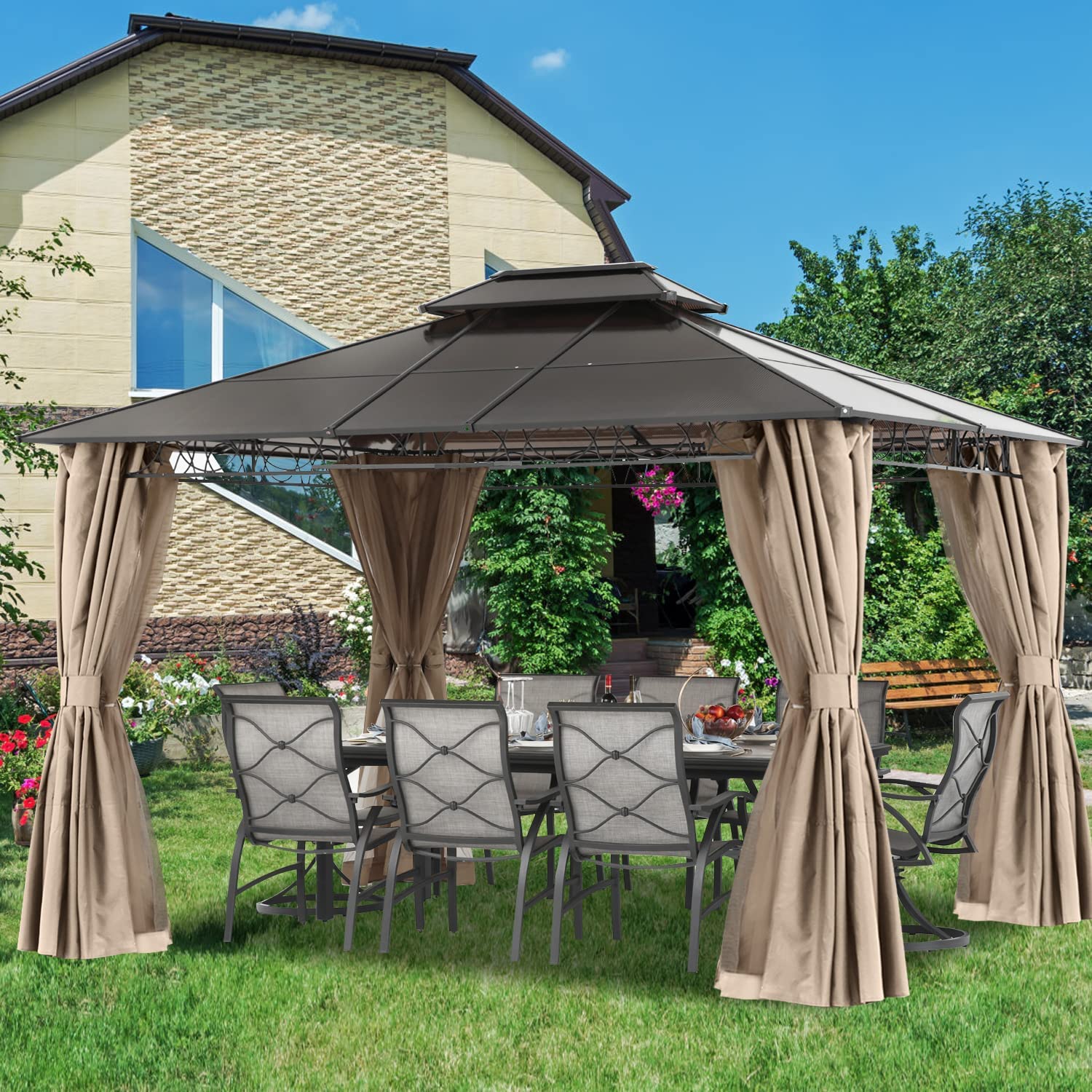 Double Roof Hardtop Patio Gazebo Canopy Frame with Netting