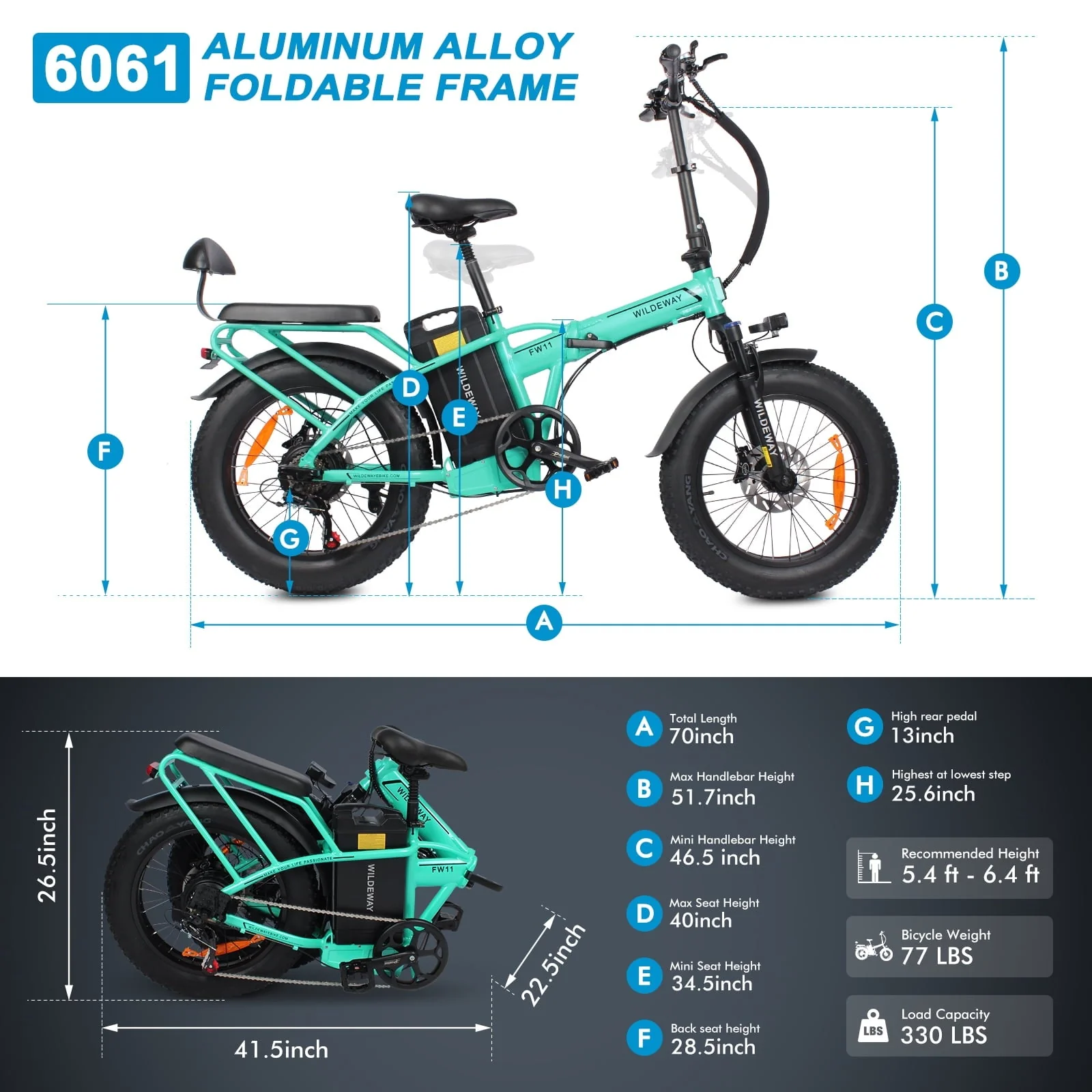 Wildeway 20in Folding Electric Bike, 750W, 32Ah, Green