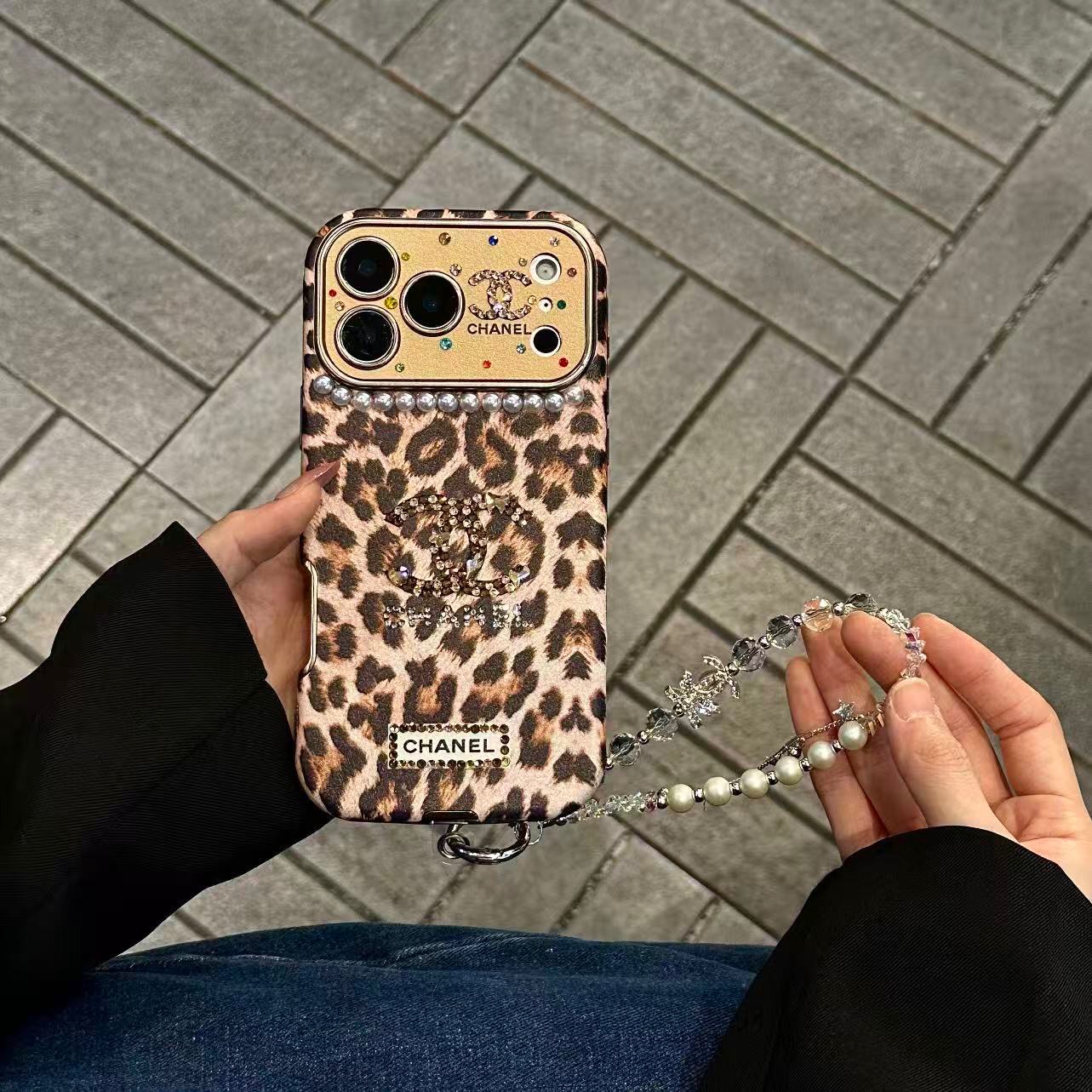 Leopard Print Rhinestone CC Logo Pearl Trim Luxury Shockproof iPhone Case With Crystal Wrist Chain