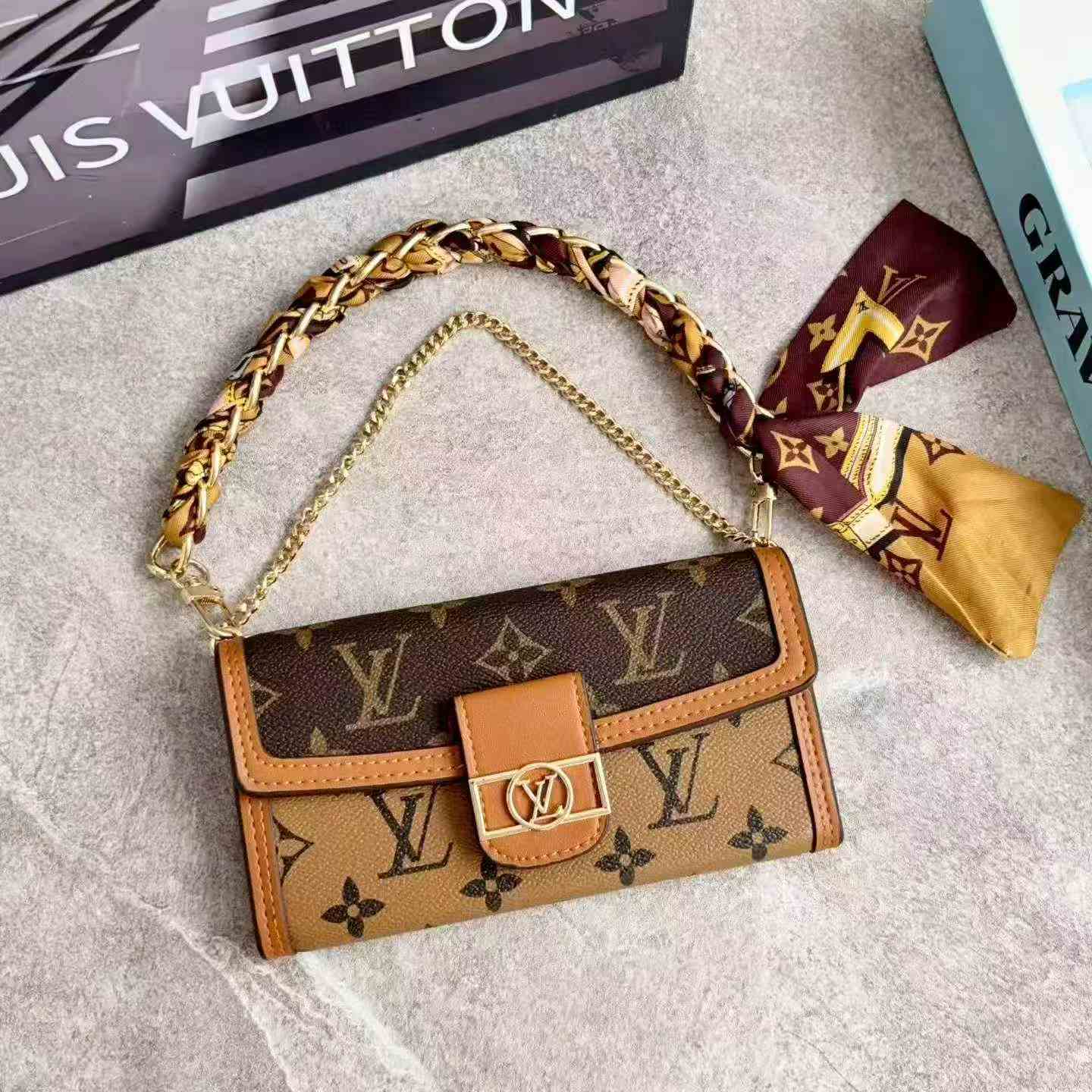 LV Monogram Baguette Shoulder Bag Mini Flap Handbag With Silk Scarf Chain Strap