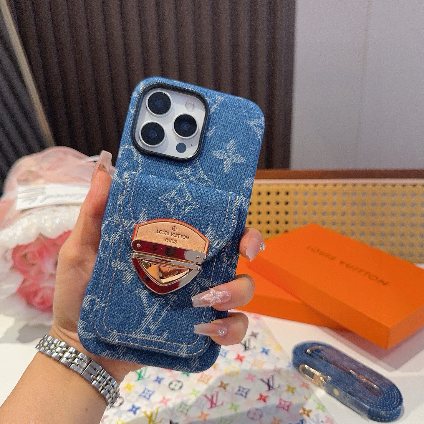 LV Denim Lock Card Holder Phone Case with Crossbody Strap
