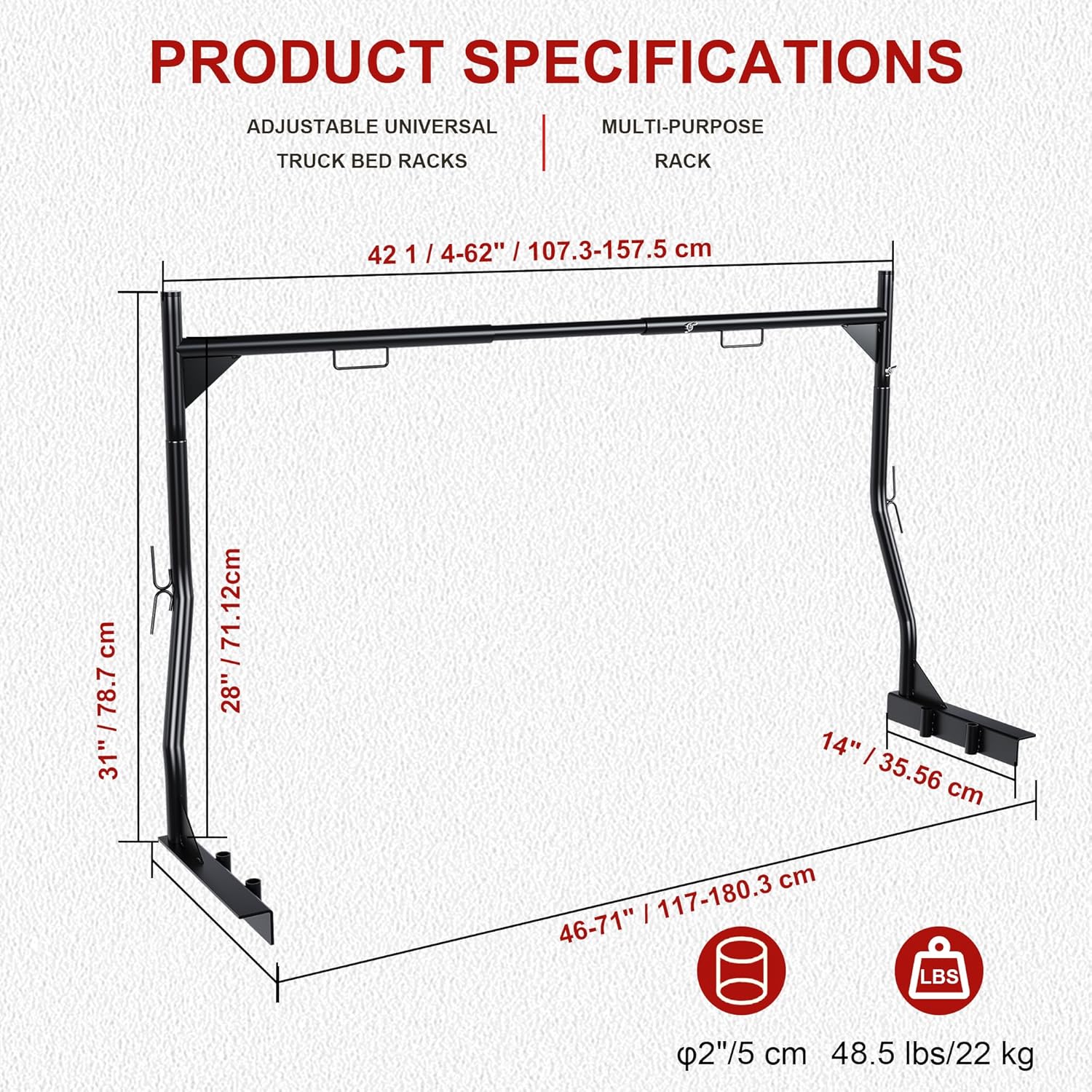 QIHAI Heavy-Duty Universal Truck Bed Ladder Rack,900LB Capacity, No-Drill Installation, Adjustable 46-71 inch Steel Cargo Rack for Kayaks, Lumber, Surfboards & Construction Materials