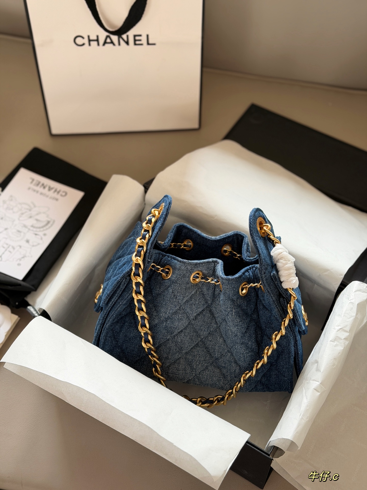 Chanel Mini 25 Bag Washed Denim Quilted Drawstring Tote Bag