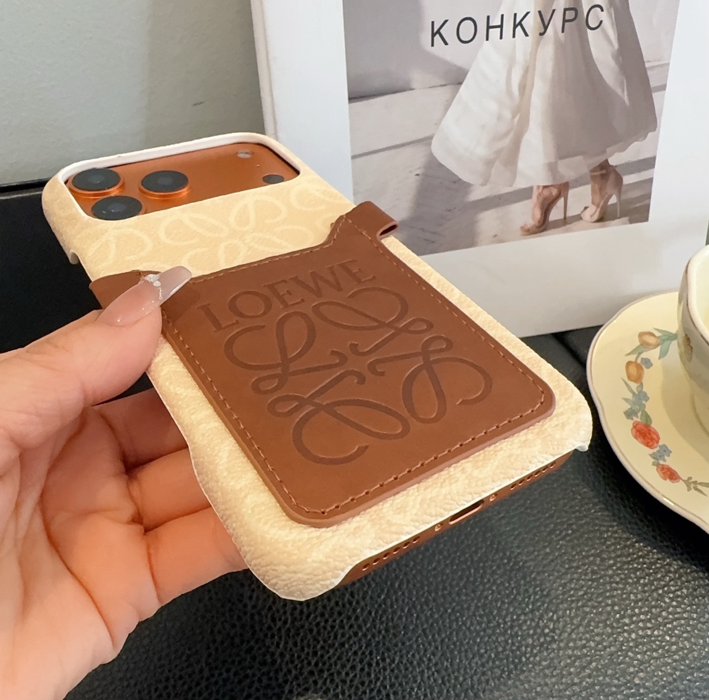Loewe Style Anagram Embossed Card Holder Crossbody Phone Case