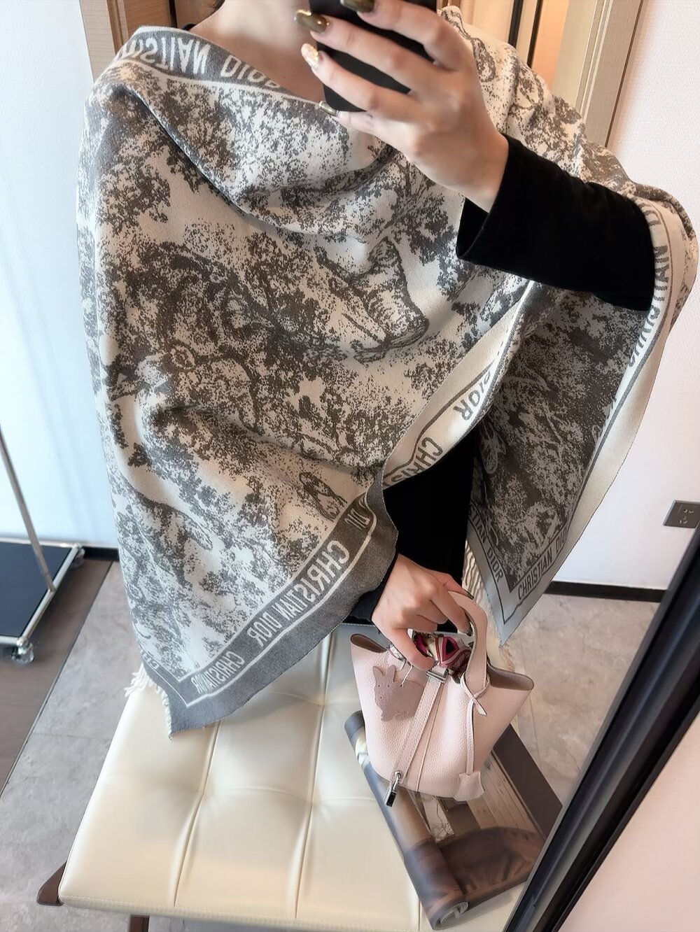 Dior Toile Print Cashmere Scarf Grey