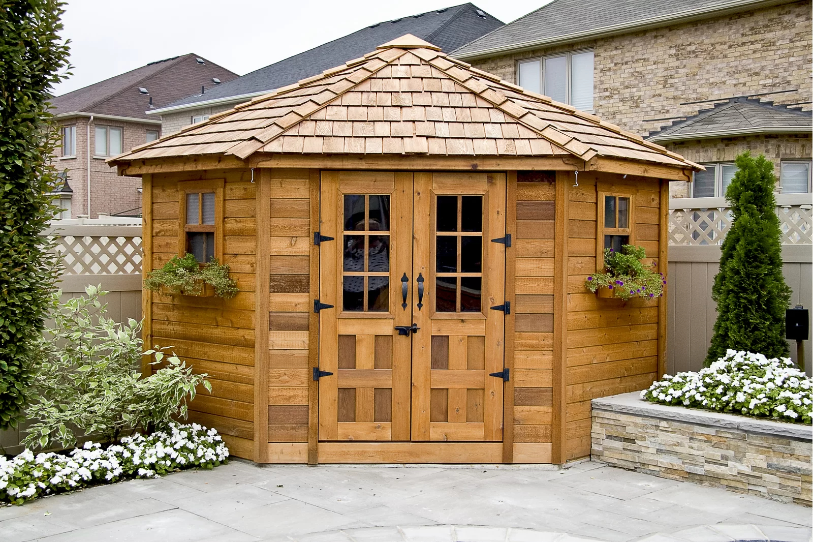 9 ft. W x 9ft. D Penthouse Cedar Wood Garden Shed with French