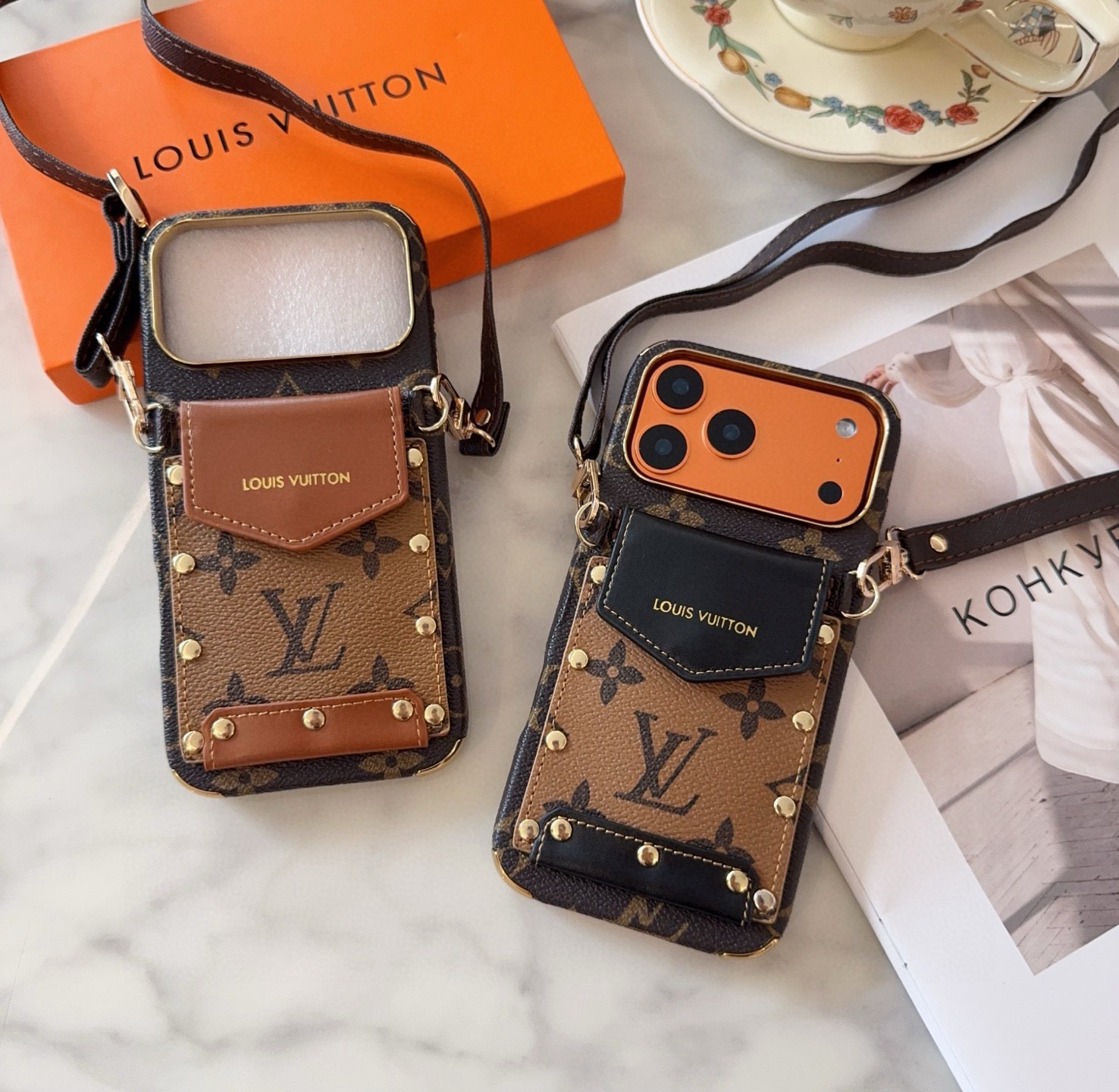 Louis Vuitton Style Monogram Card Holder Crossbody Phone Case With Rivet Detail
