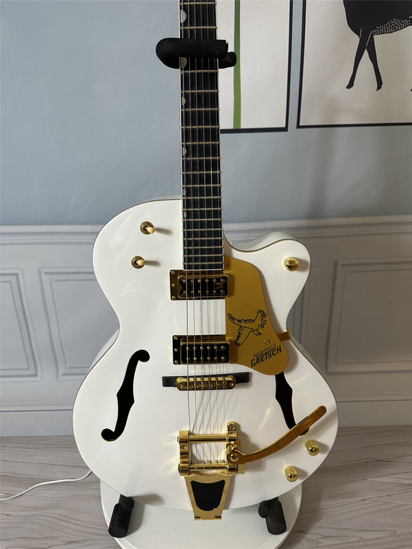 White 6 String Electric Guitar Hollow Body HH Pickup Gold Hardware