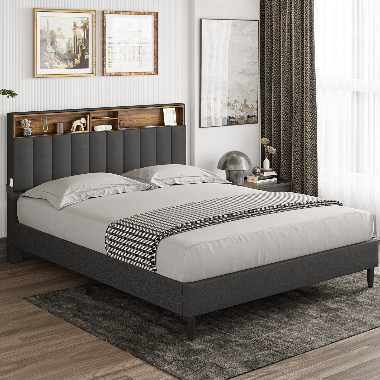 Queen Bed Frame with USB Ports and Outlets
