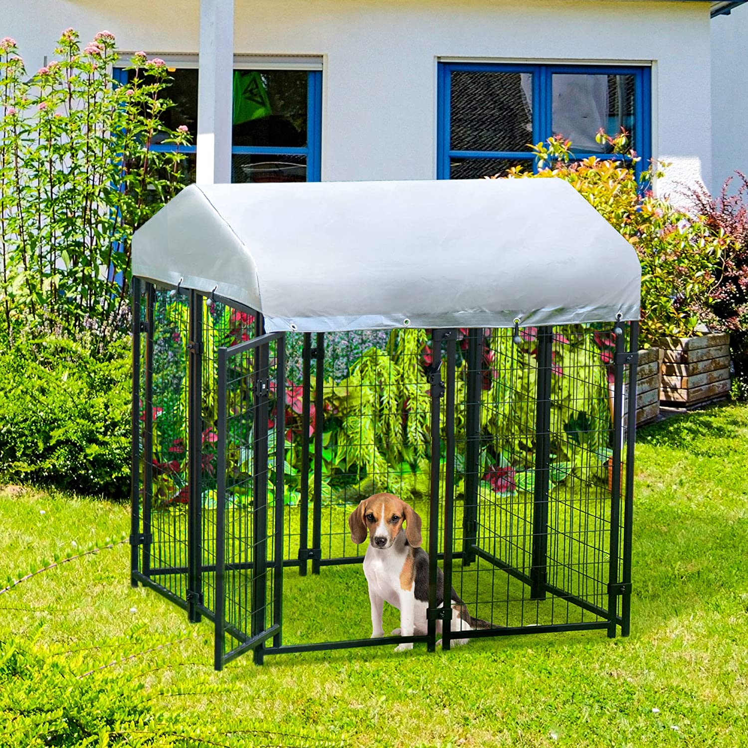 Dog Kennel Steel Fence with UV-Resistant Cloth Roof