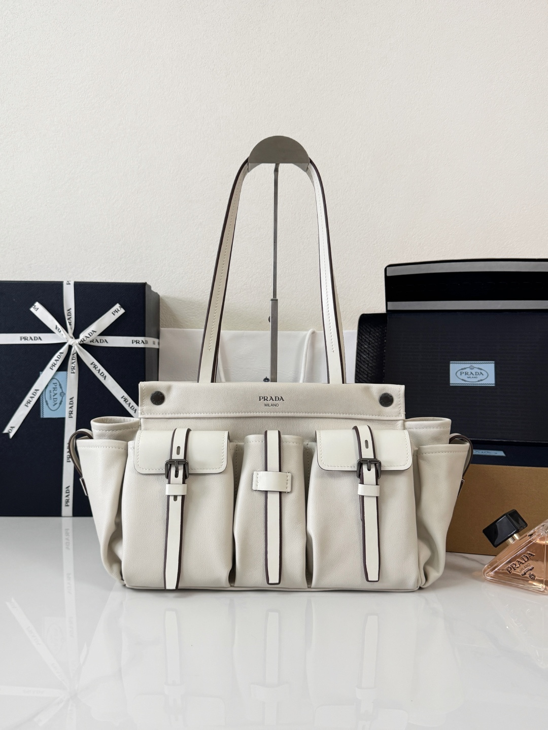 Prada Leather Multi-Pocket Shoulder Tote Bag