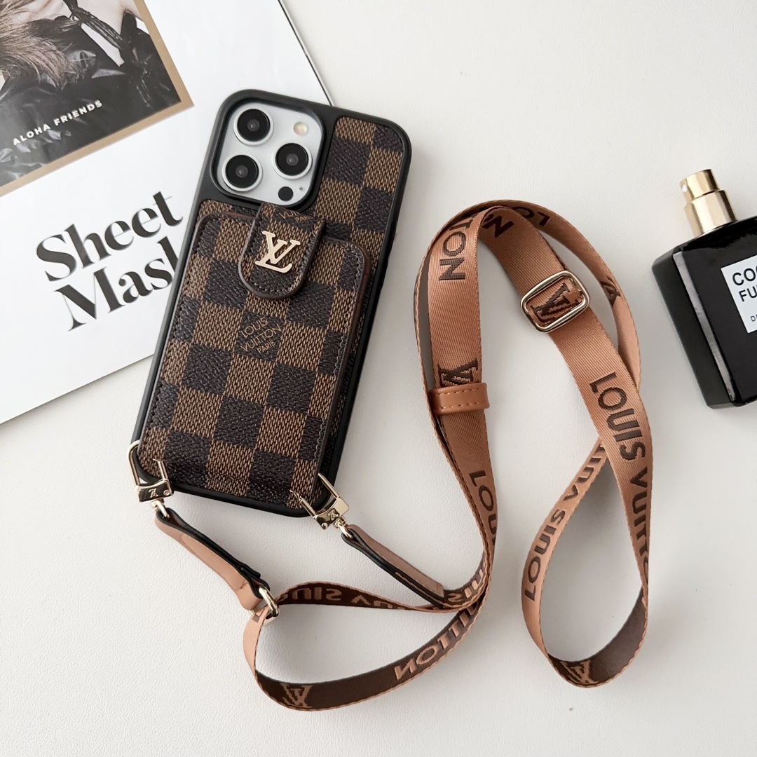 Designer Monogram Card Holder Phone Case with LV & GG Metal Buckle