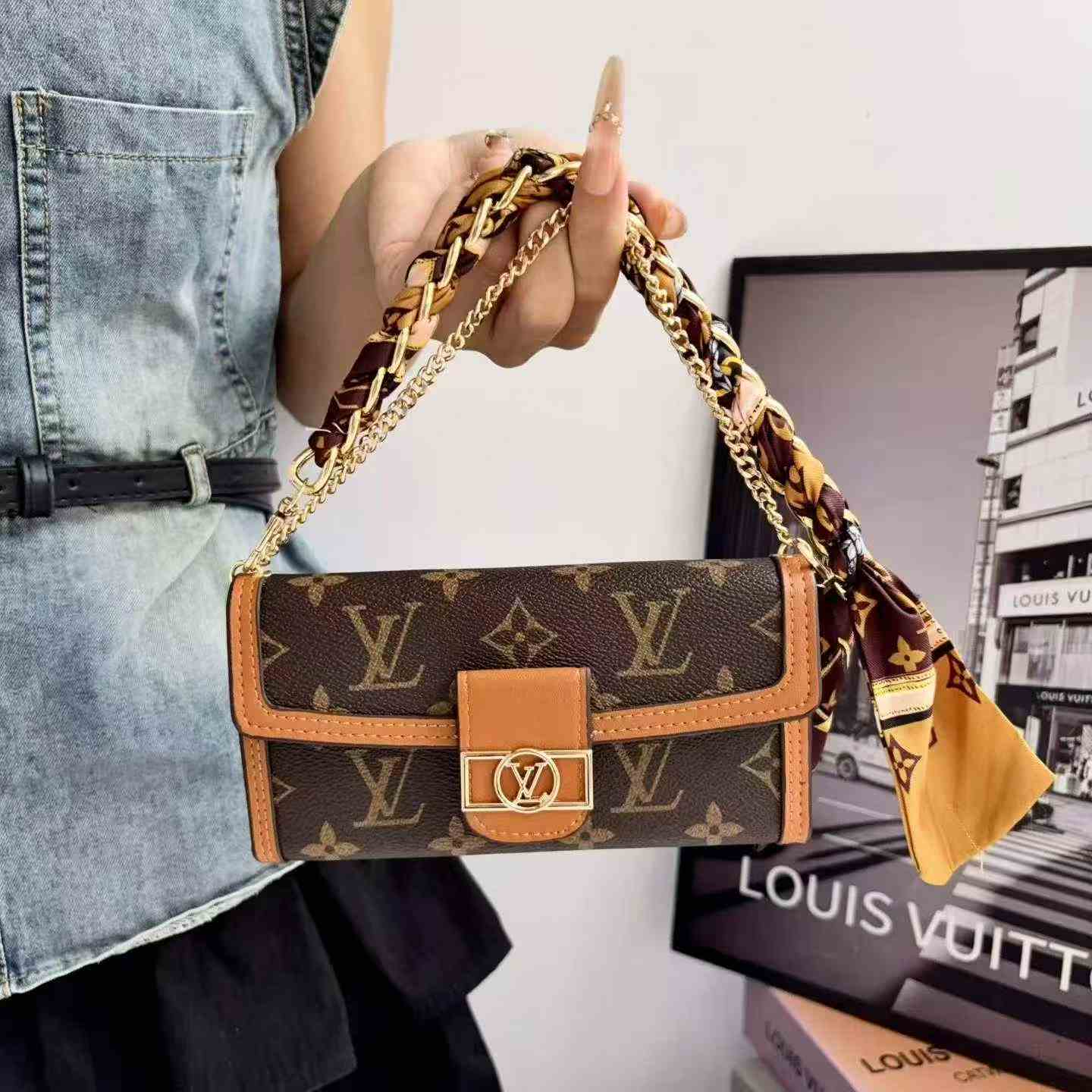 LV Monogram Baguette Shoulder Bag Mini Flap Handbag With Silk Scarf Chain Strap