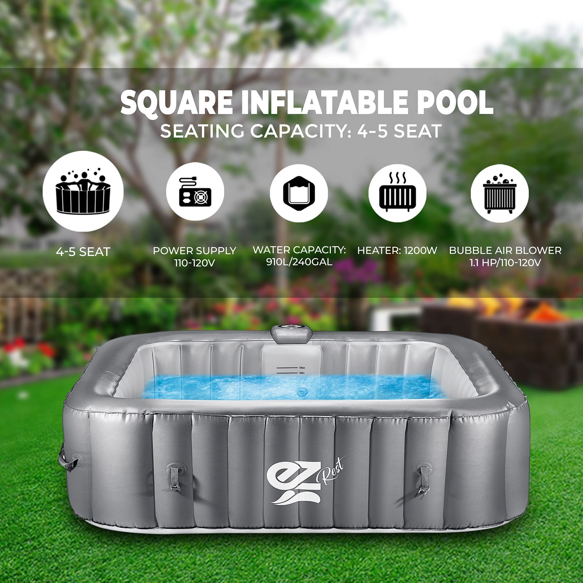 Outdoor Portable Hot Tub - 6-Person Square Inflatable Heated