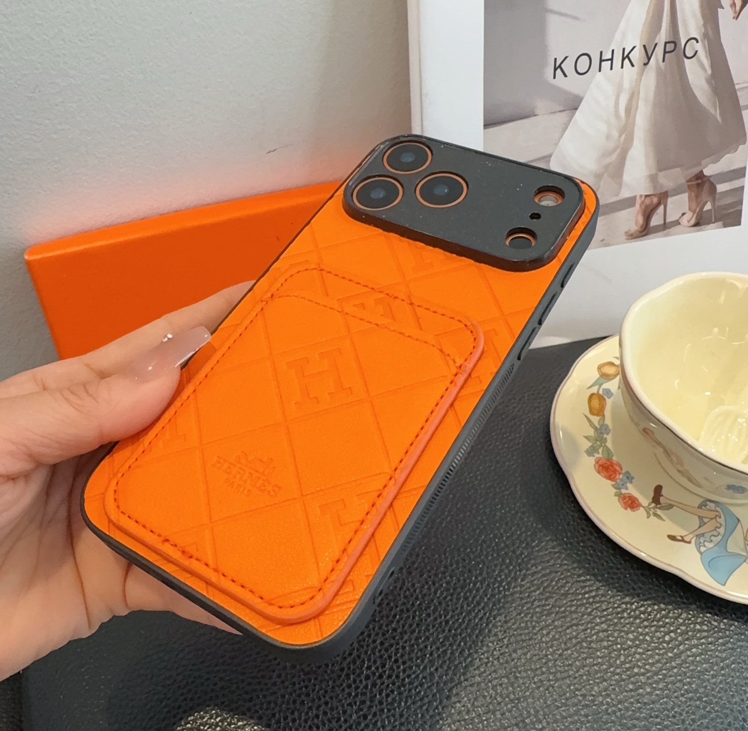 Hermès Embossed Monogram Leather Card Holder Phone Case