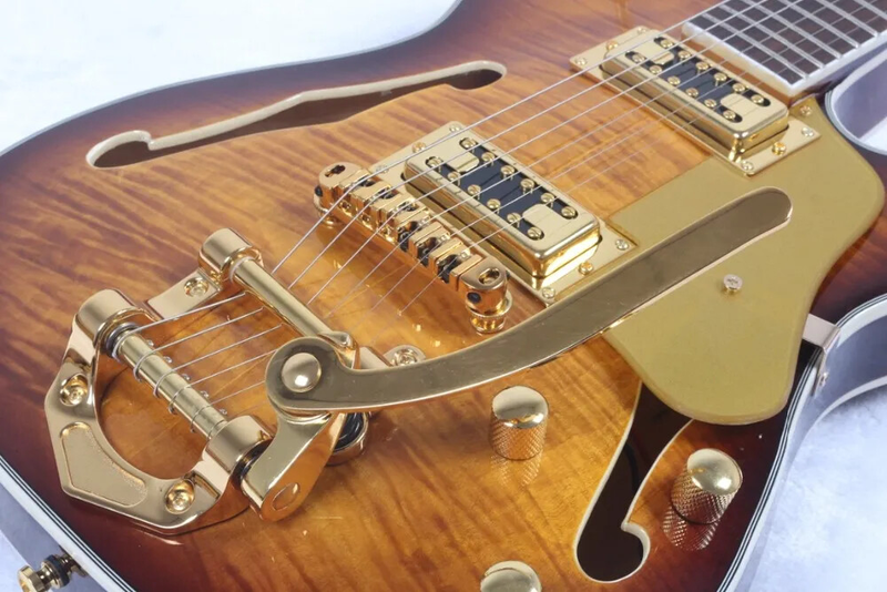 Flame Maple Top Sunburst Electric Guitar Semi Hollow Body Gold Sparkle Pickguard