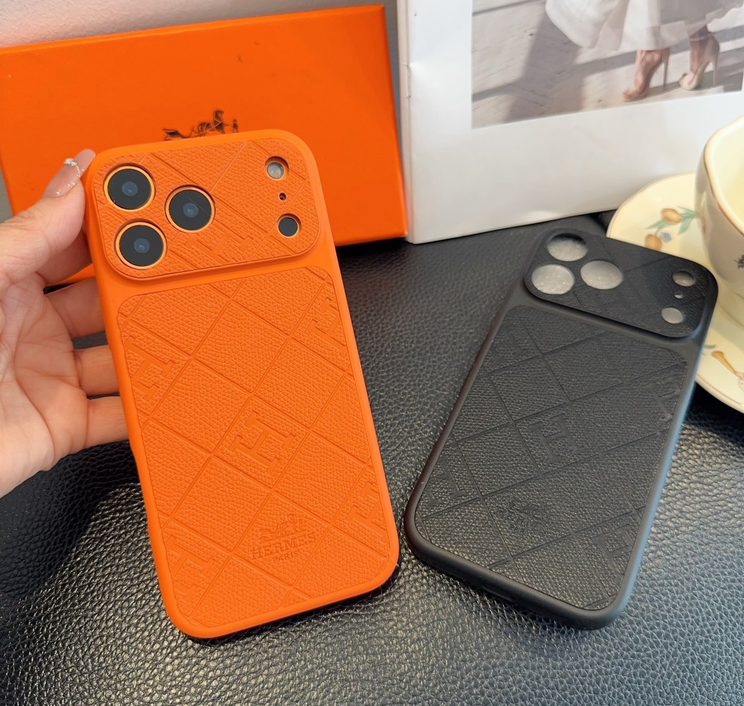 Hermès Style Embossed Leather Texture Full Cover Phone Case