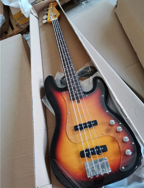 4 Strings Electric Bass Guitar with Flame Maple Veneer, Active Circuit