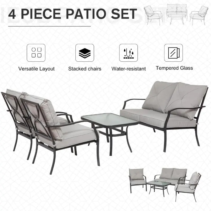 Outsunny 4 Pcs Metal Frame Garden Chatting Set w Sofa 2 Chairs