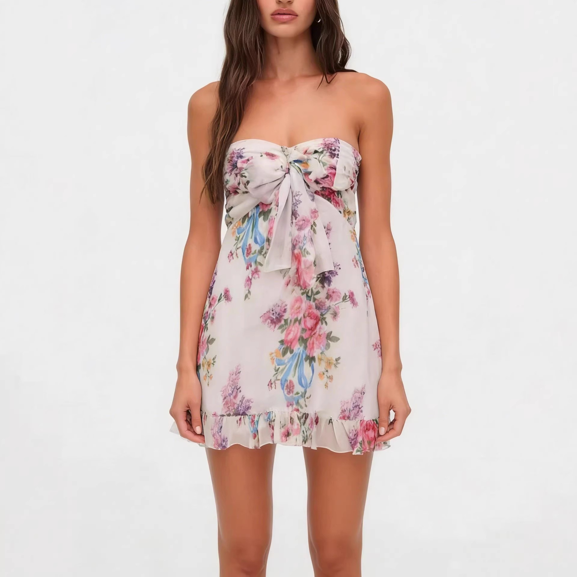 Floral Print Semi Transparent Strapl Skirt High Waist A-Line Polyester Fabric No Sve Busin Home Use Spring Season