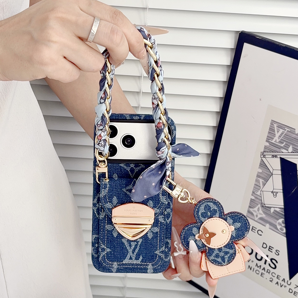 LV Monogram Denim Card Holder Phone Case With Chain Wrist Strap Vivienne Flower Charm