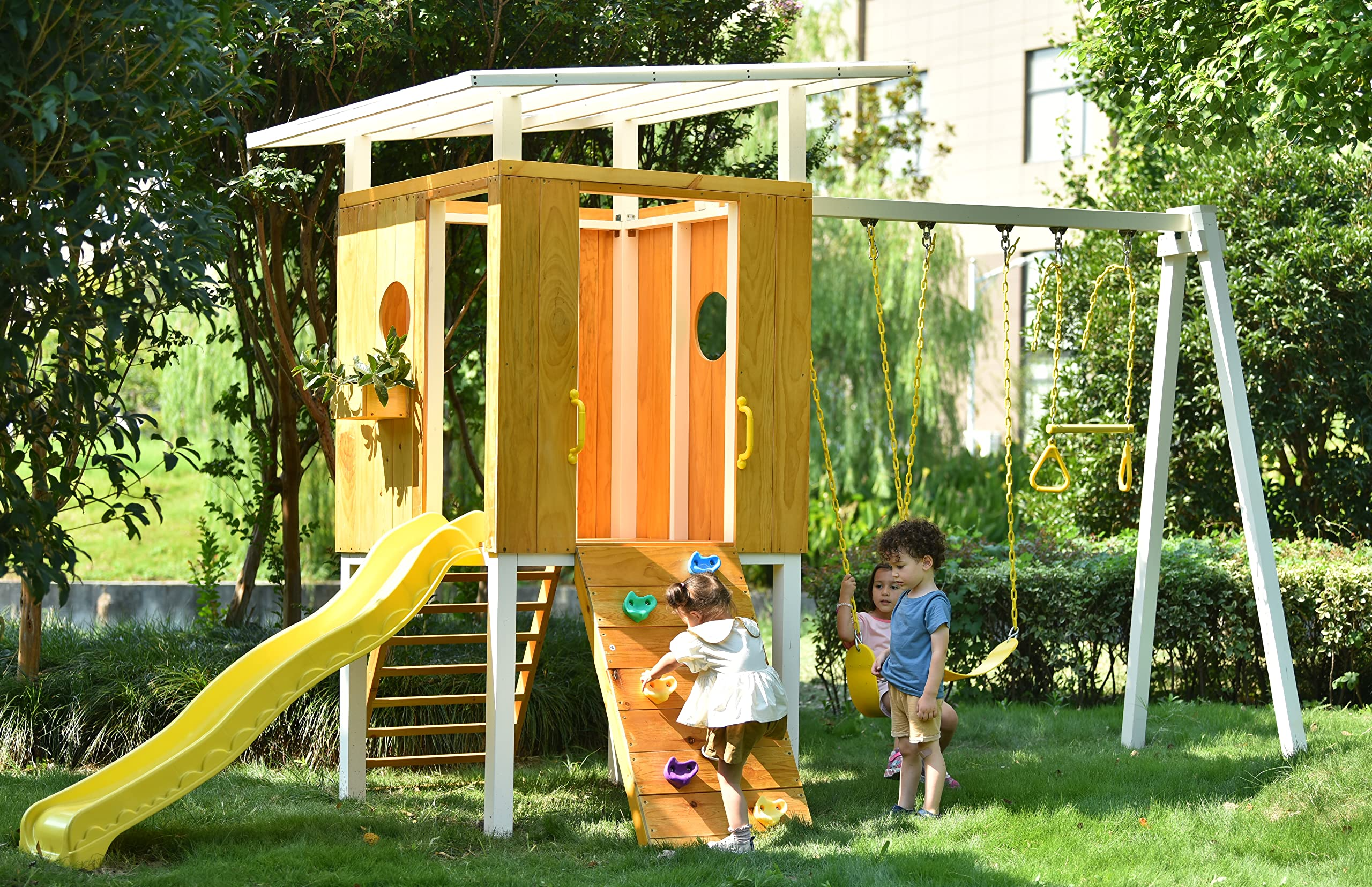 Modern Backyard Swing Set Children's Rock Climbing Wood