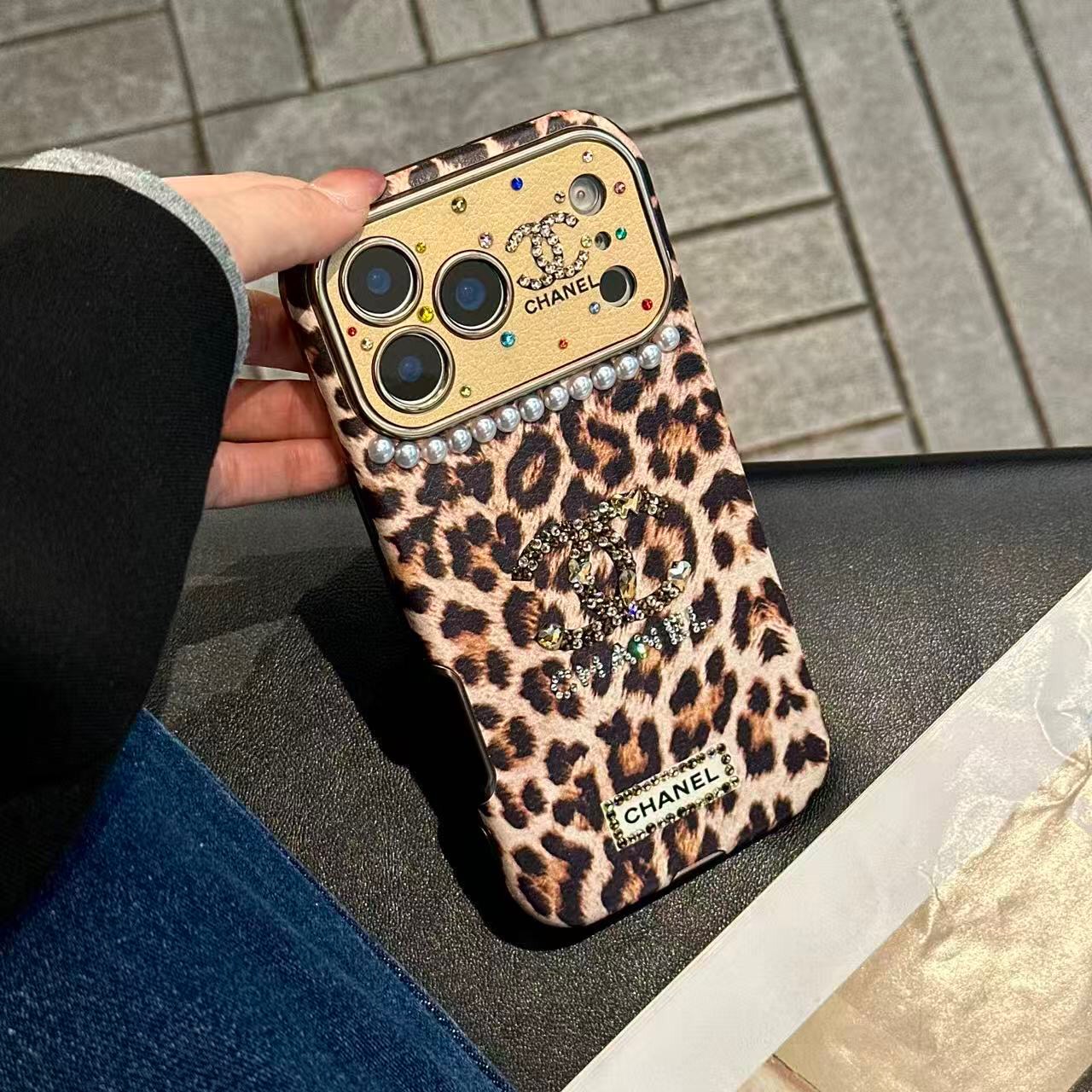 Leopard Print Rhinestone CC Logo Pearl Trim Luxury Shockproof iPhone Case With Crystal Wrist Chain