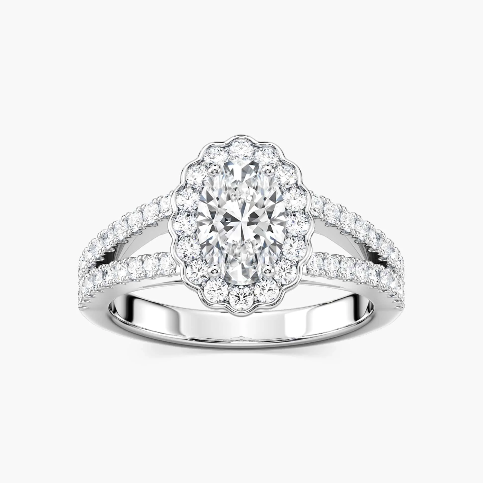 Nora Oval Lab Grown Diamond Split Shank Antique Vintage Halo Engagement Ring