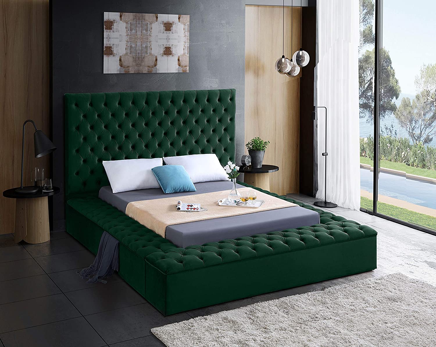 Velvet Upholstered Bed with Deep Button Tufting & Storage