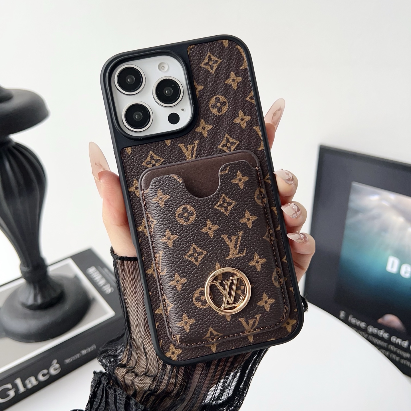 Luxury Designer Monogram Card Holder Phone Case | 2-in-1 Wallet Shockproof Cover