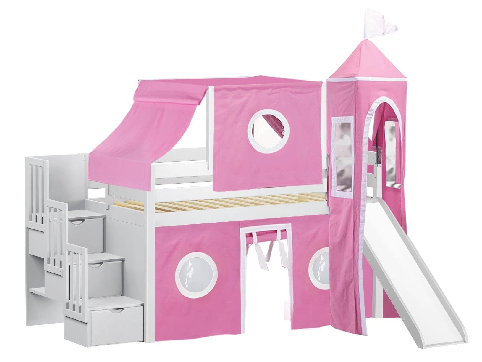 Princess Low Loft Stairway Bed with Slide Pink & White Tent &