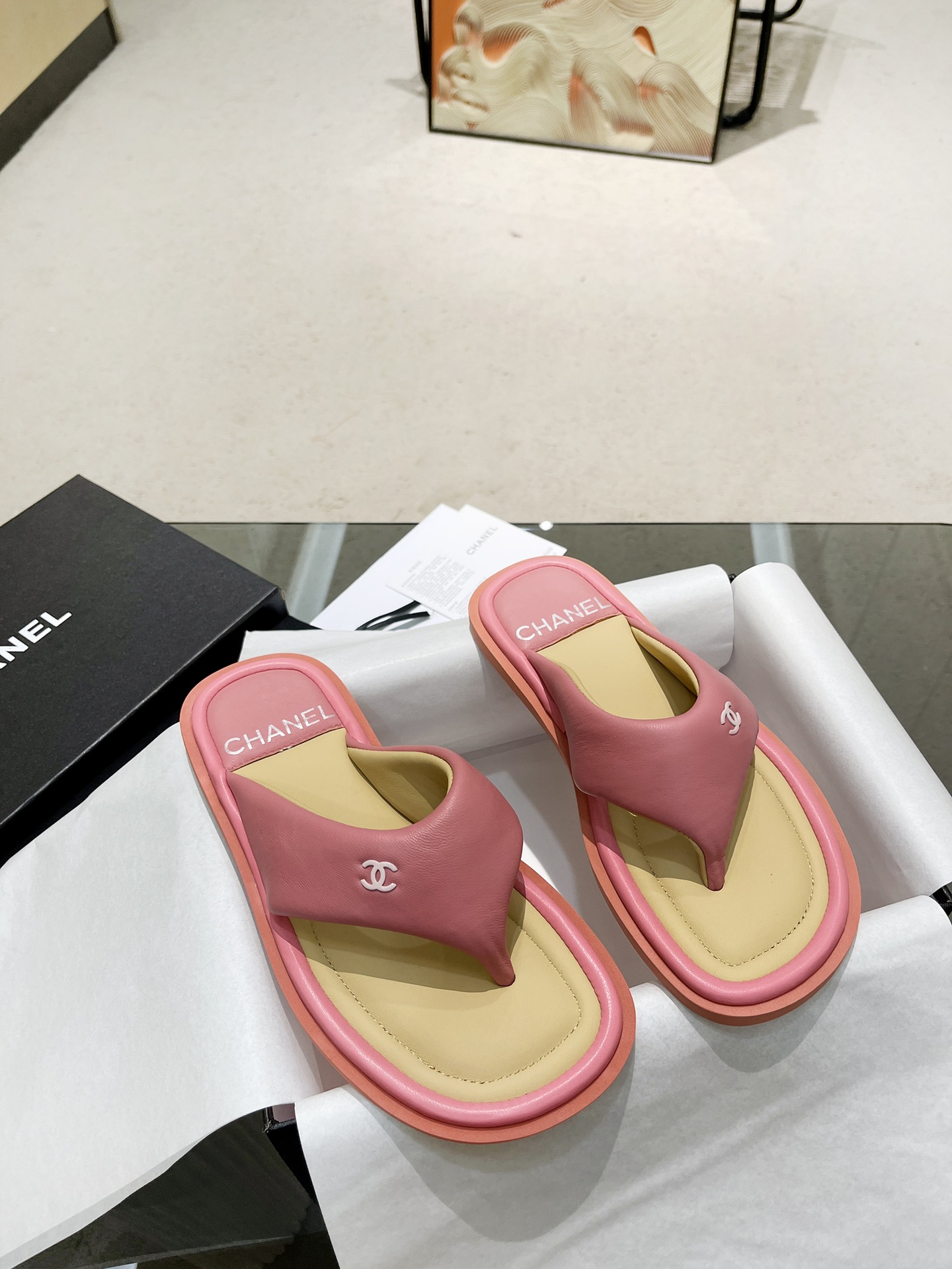 Chanel Padded Lambskin Square Toe Thong Slide Sandals