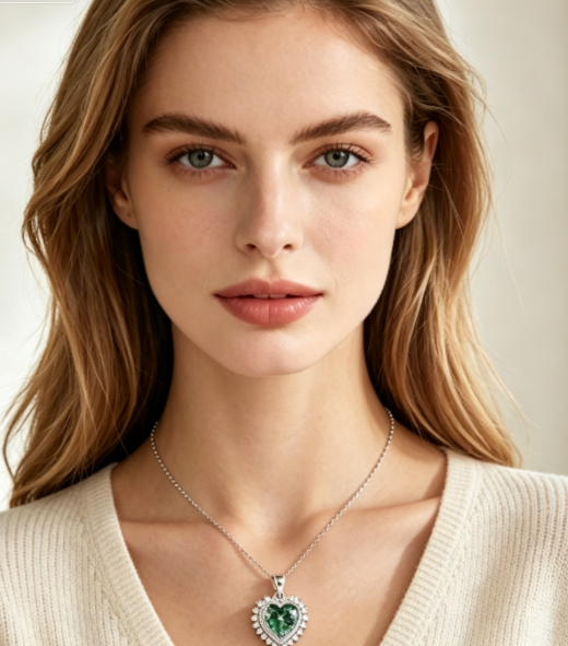 Heart‑Cut Emerald Halo Tennis Necklace, 925 Sterling Silver Green Gemstone Love Pendant Necklace for Women