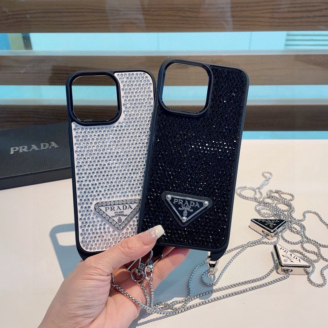 Prada Style Full Diamond Glitter Phone Case With Crossbody Chain Strap