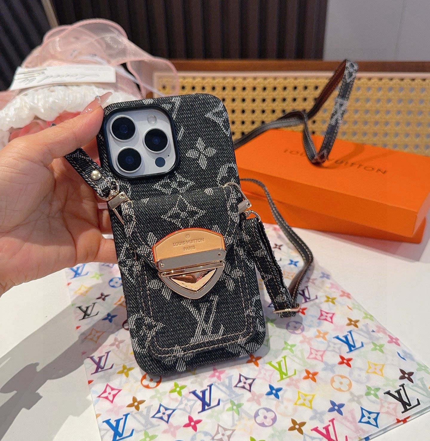LV Denim Lock Card Holder Phone Case with Crossbody Strap