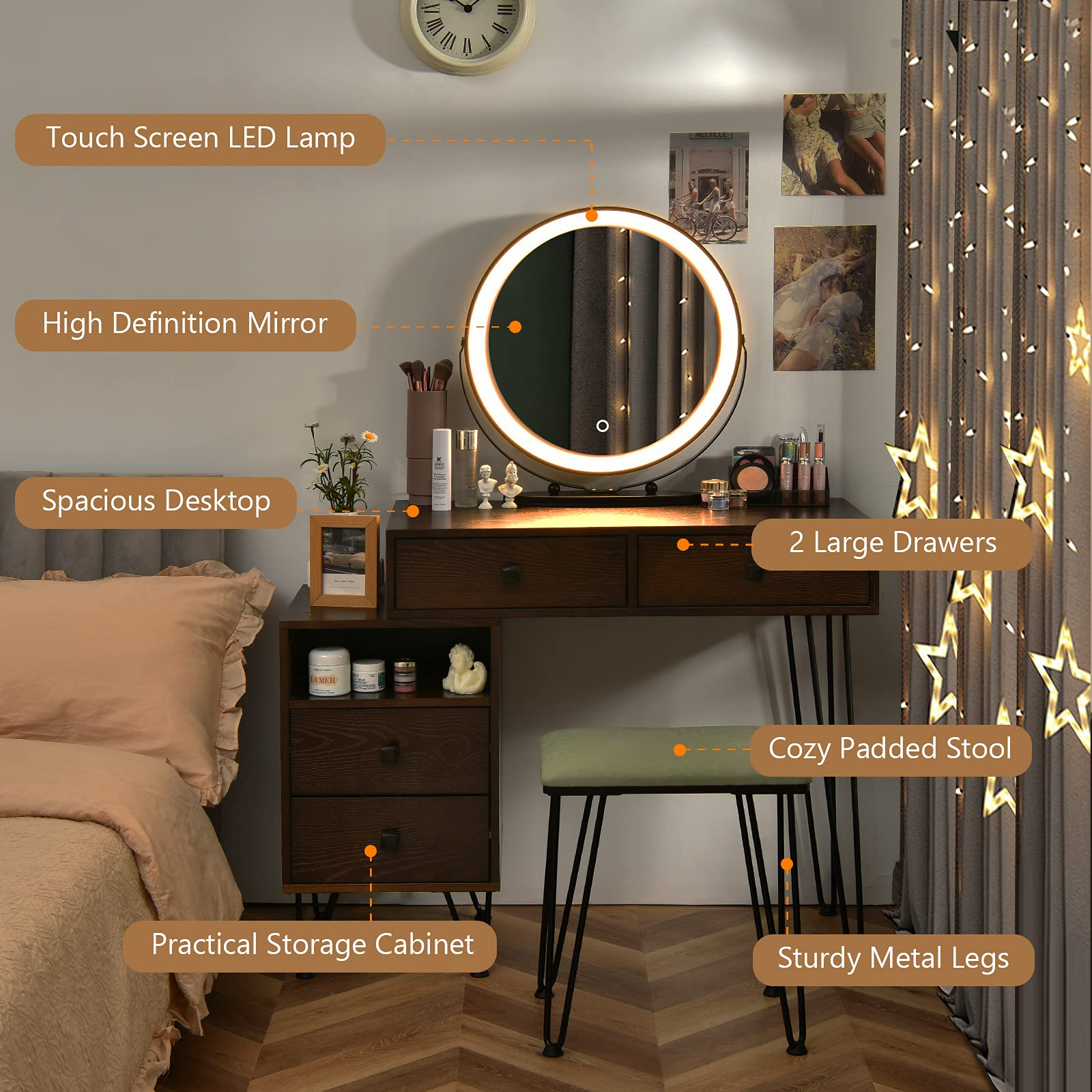 Vanity Set with 3 Colors Lighted Mirror
