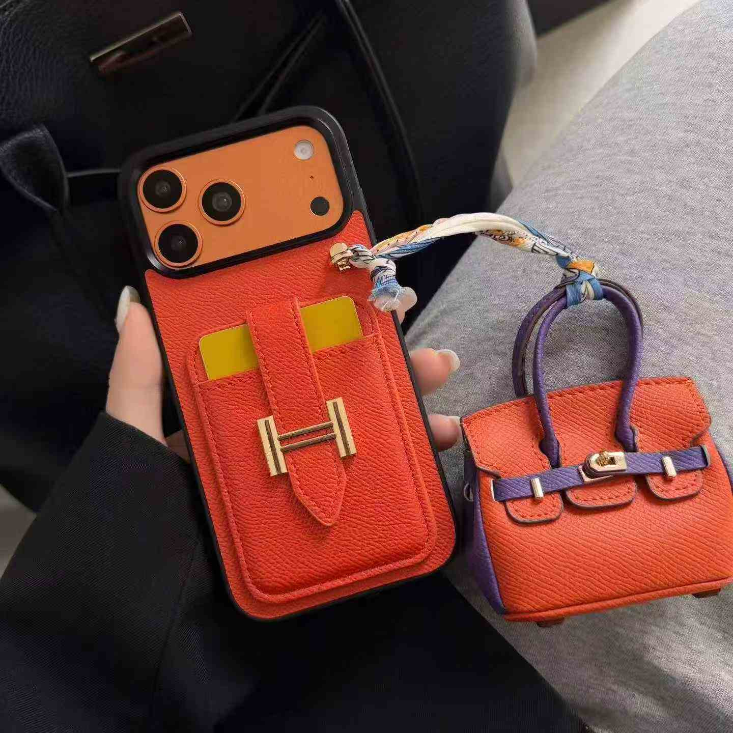 Textured Grain Leather Card Pocket Foldable Phone Case With Mini Handbag Pendant For Samsung Z Flip Series