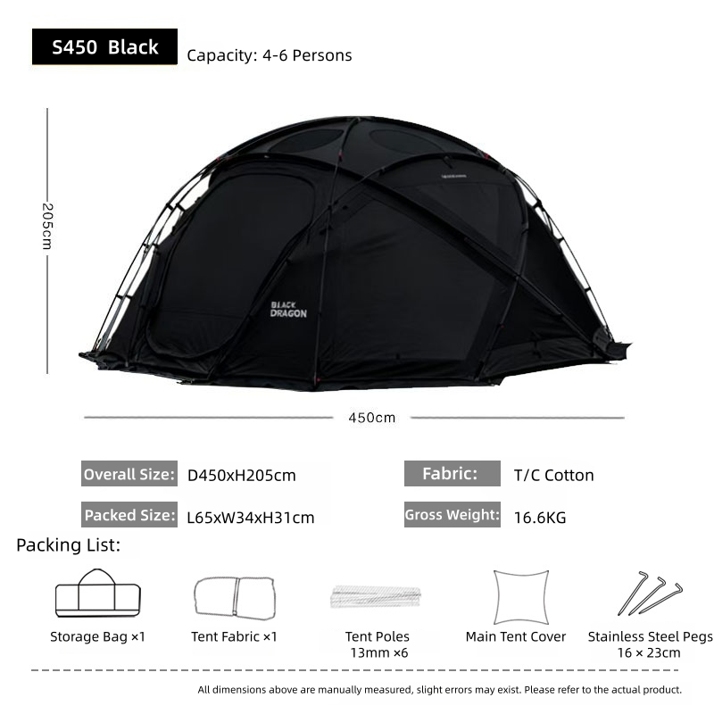 BLACK DRAGON S450 Cotton Canvas Tent Spherical Dome, Large Space, Windproof and Rainproof
