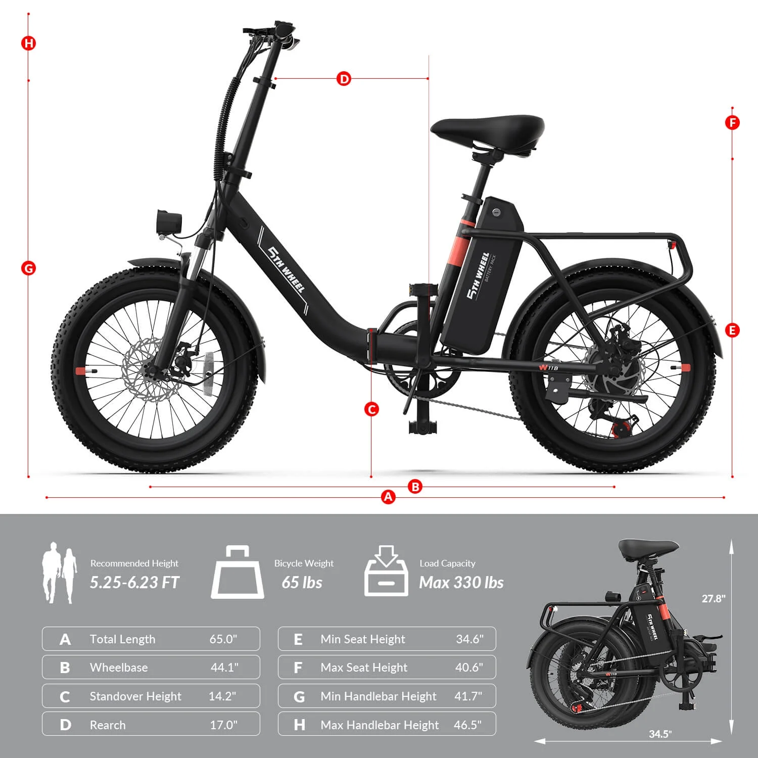 5TH WHEEL W11B 20in Folding Fat Tire Electric Bike, 500W
