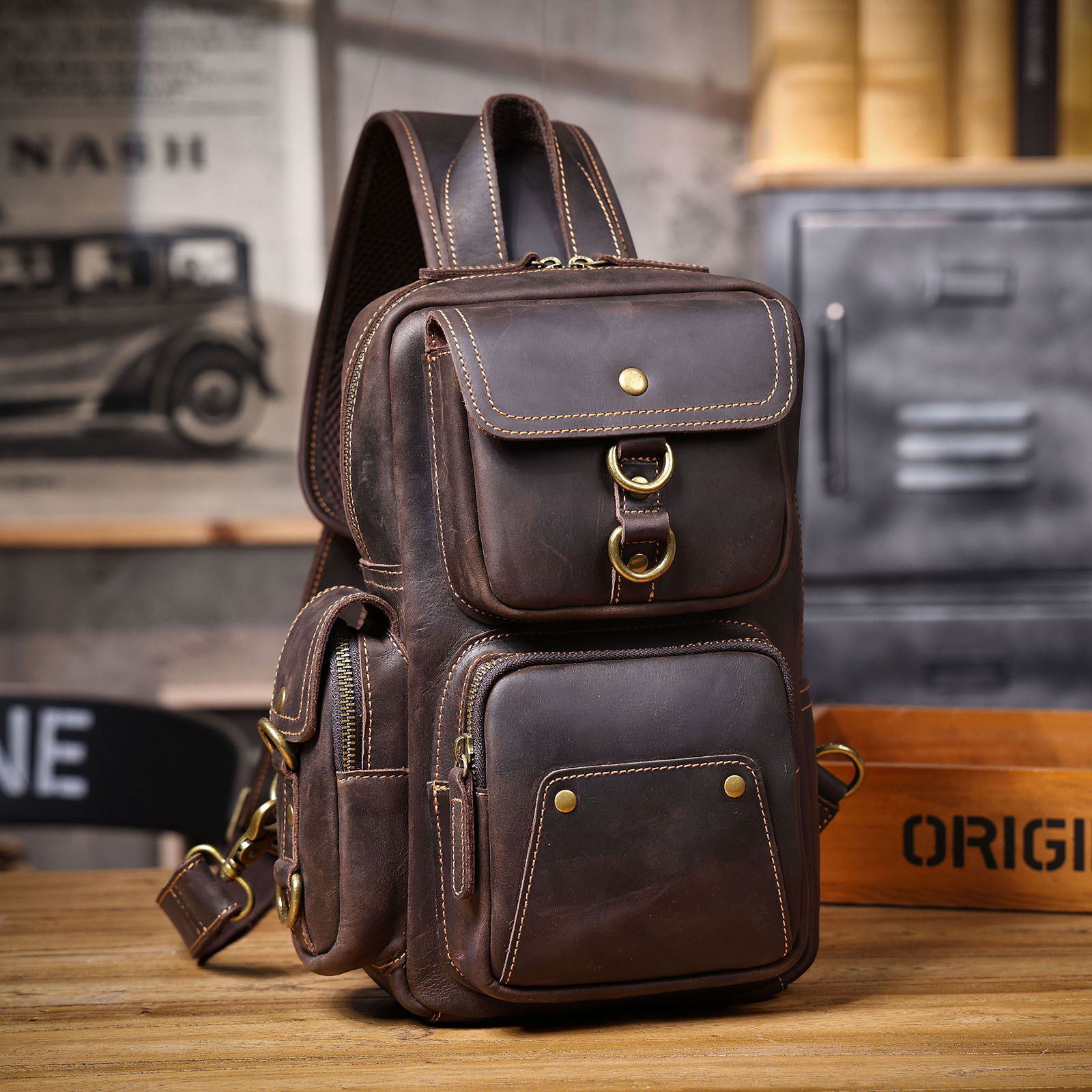 Vintage Full-Grain Leather Sling Backpack - Tactical Utility Meets Timeless Craftsmanship