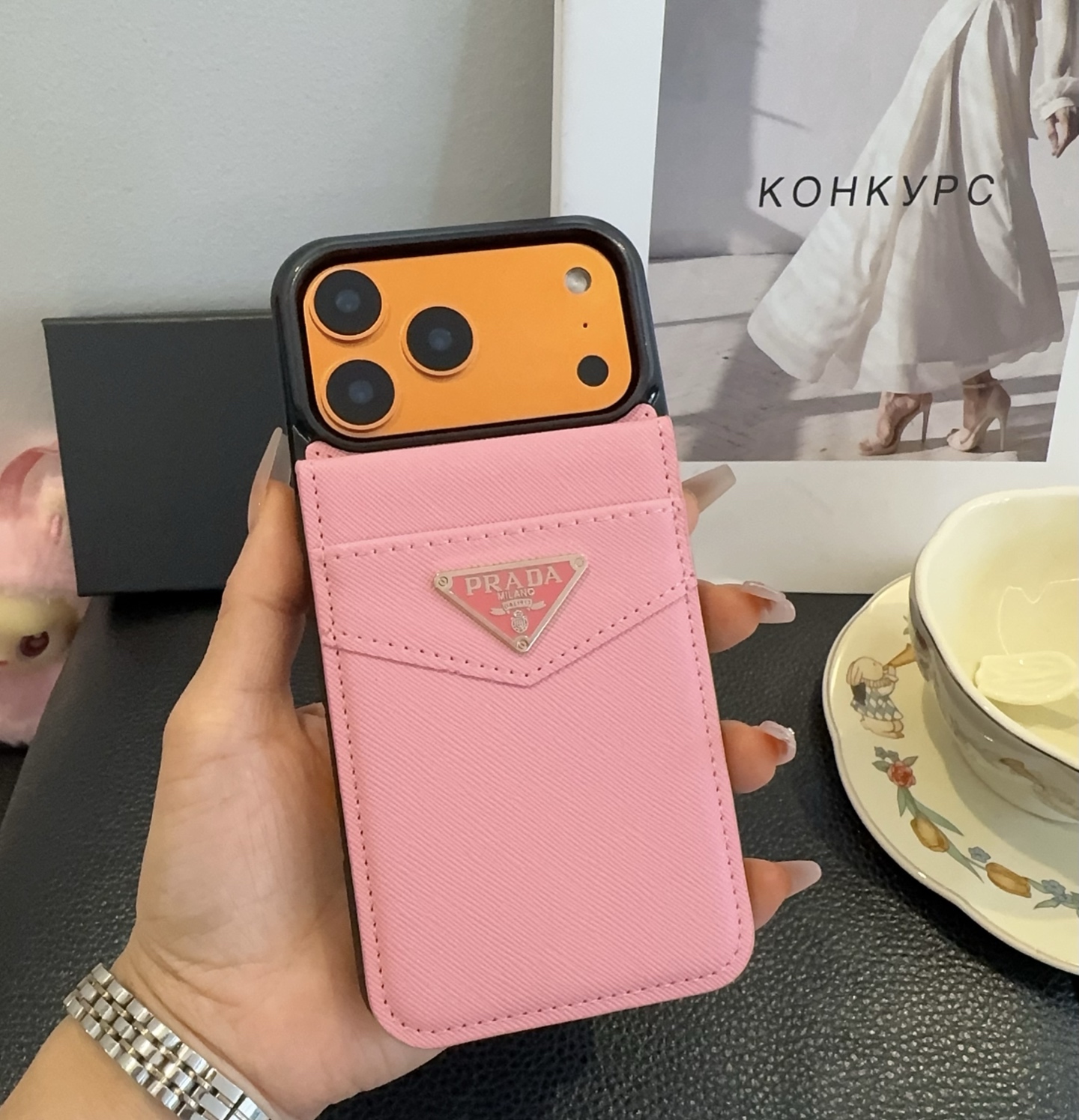 Prada Saffiano Leather Flip Wallet Card Holder Luxury Phone Case