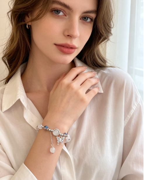Natural White Quartz Crystal Bracelet with Silver Butterfly Charm, Hand‑made Gemstone Beaded Bracelet for Daily Wear & Gifting