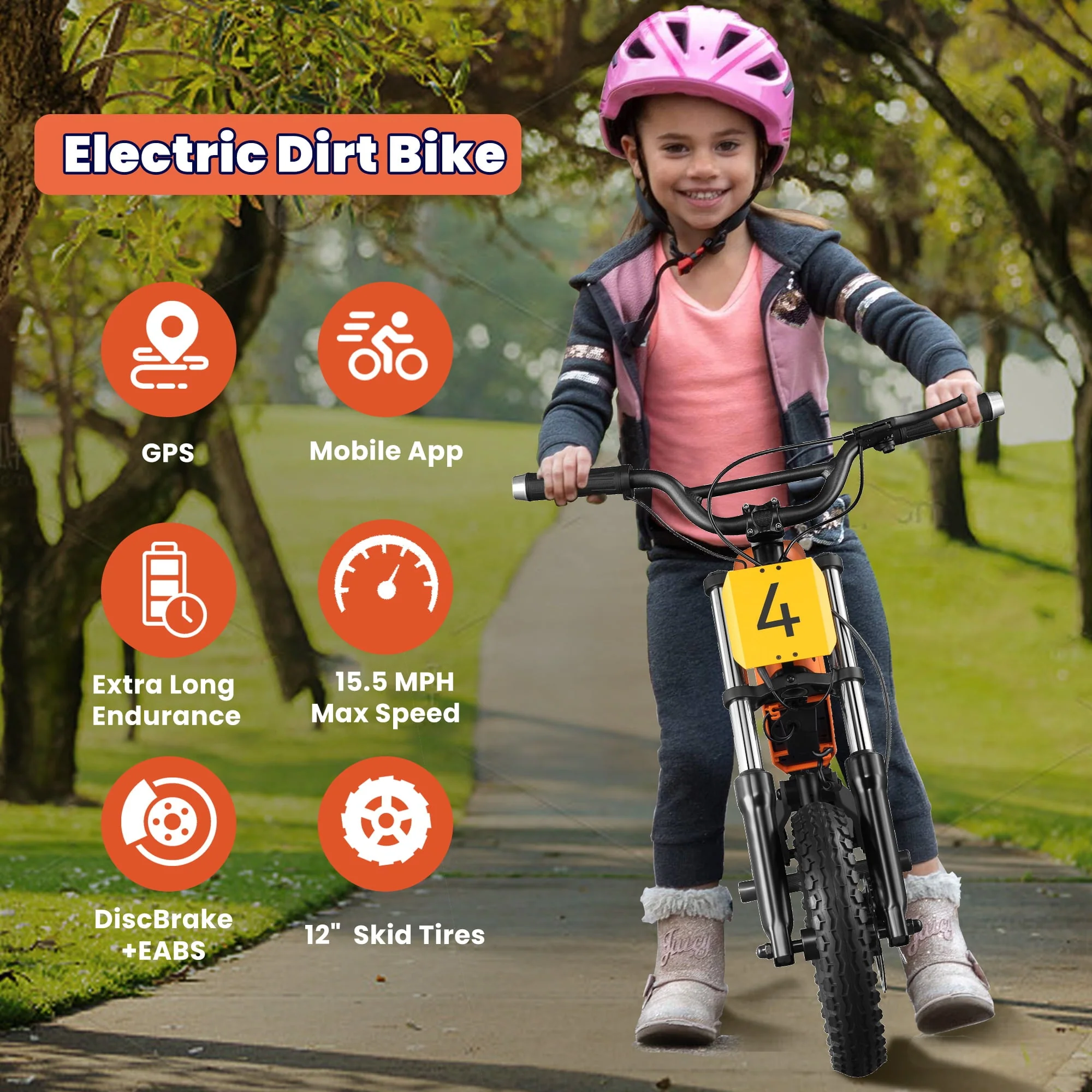 12in Kids Electric Balance Bike, 200W, 24V, Orange