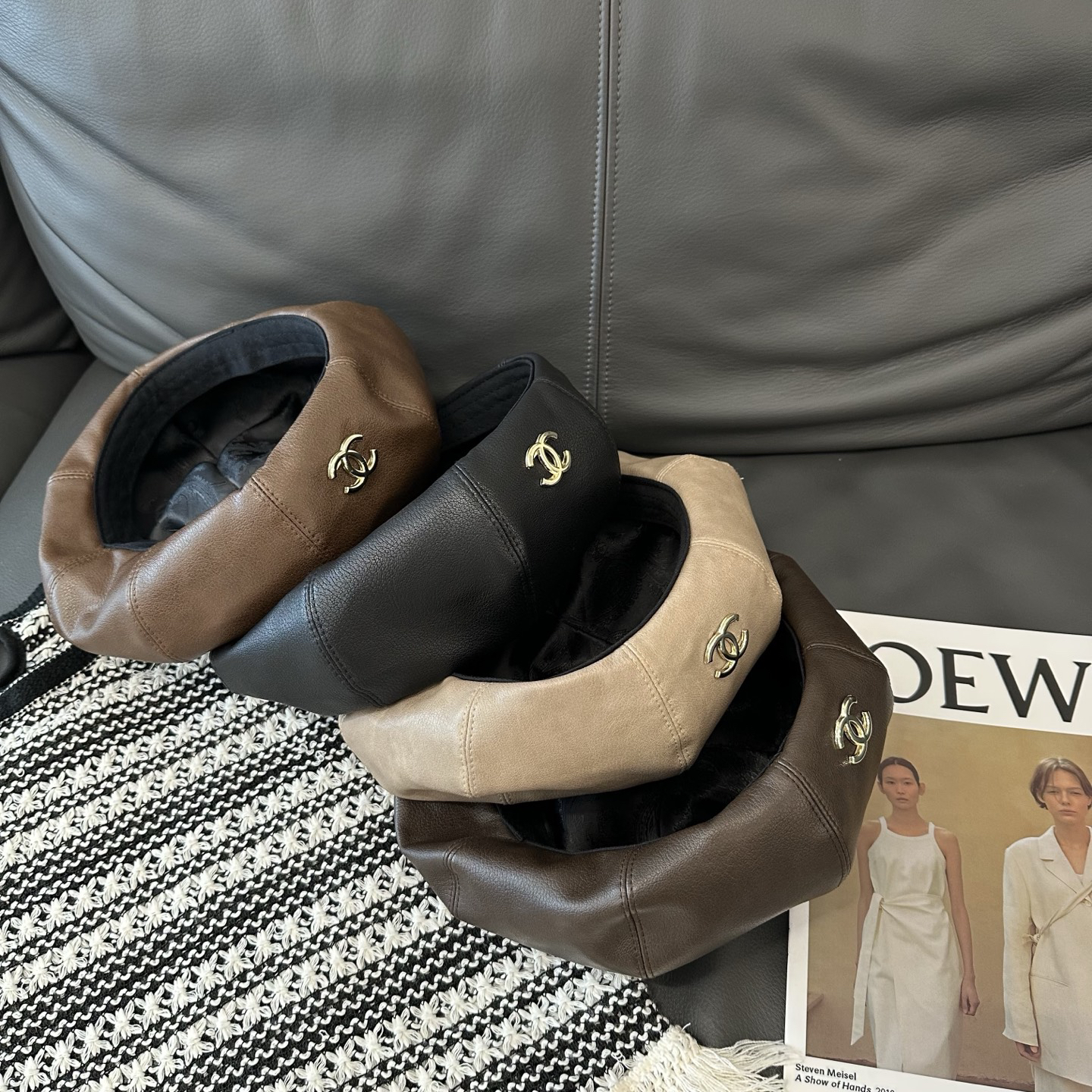 Chanel Leather Beret Hat with Interlocking CC Logo