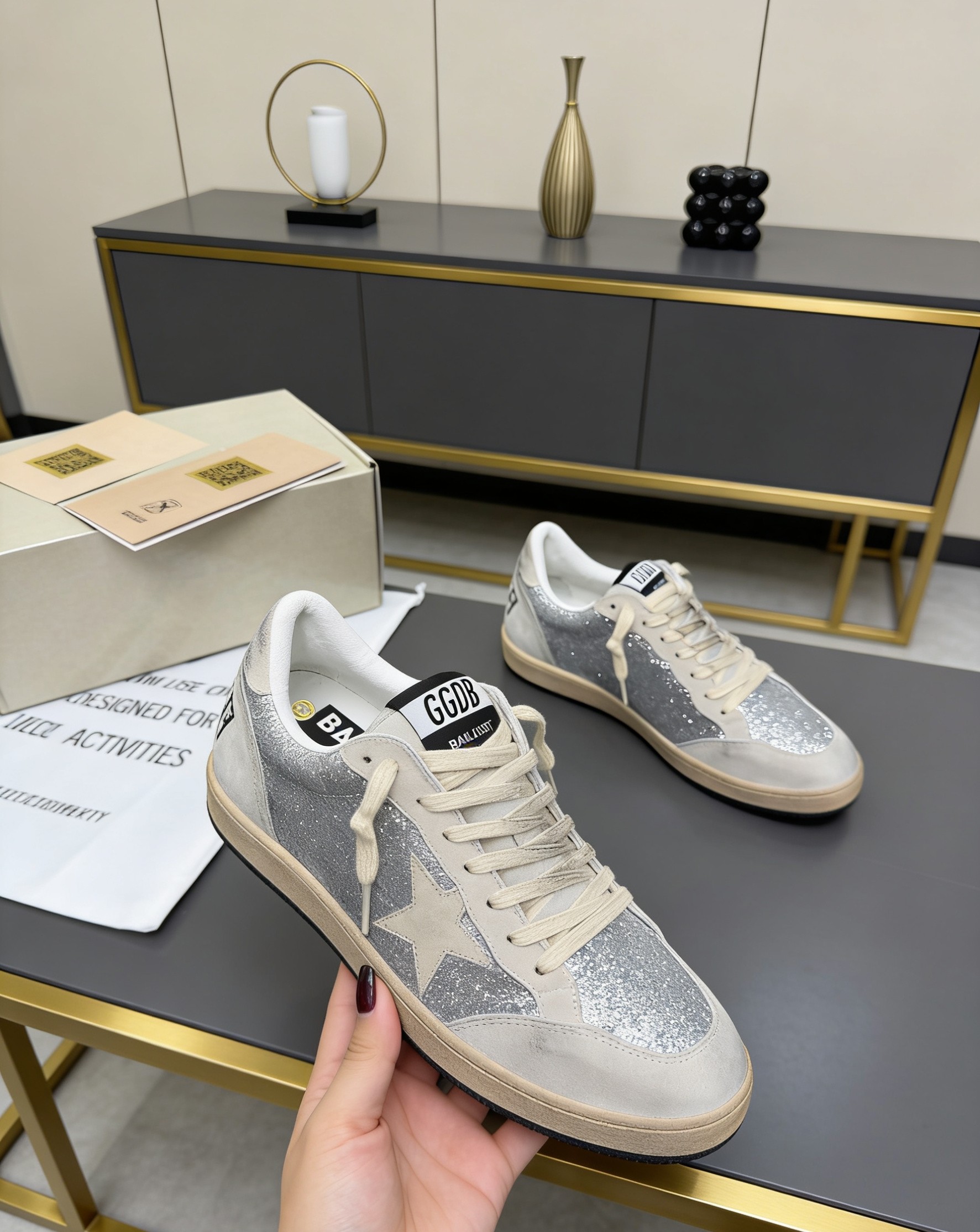 Golden Goose  Silver glitter Super-Star with ice grey suede star pattern