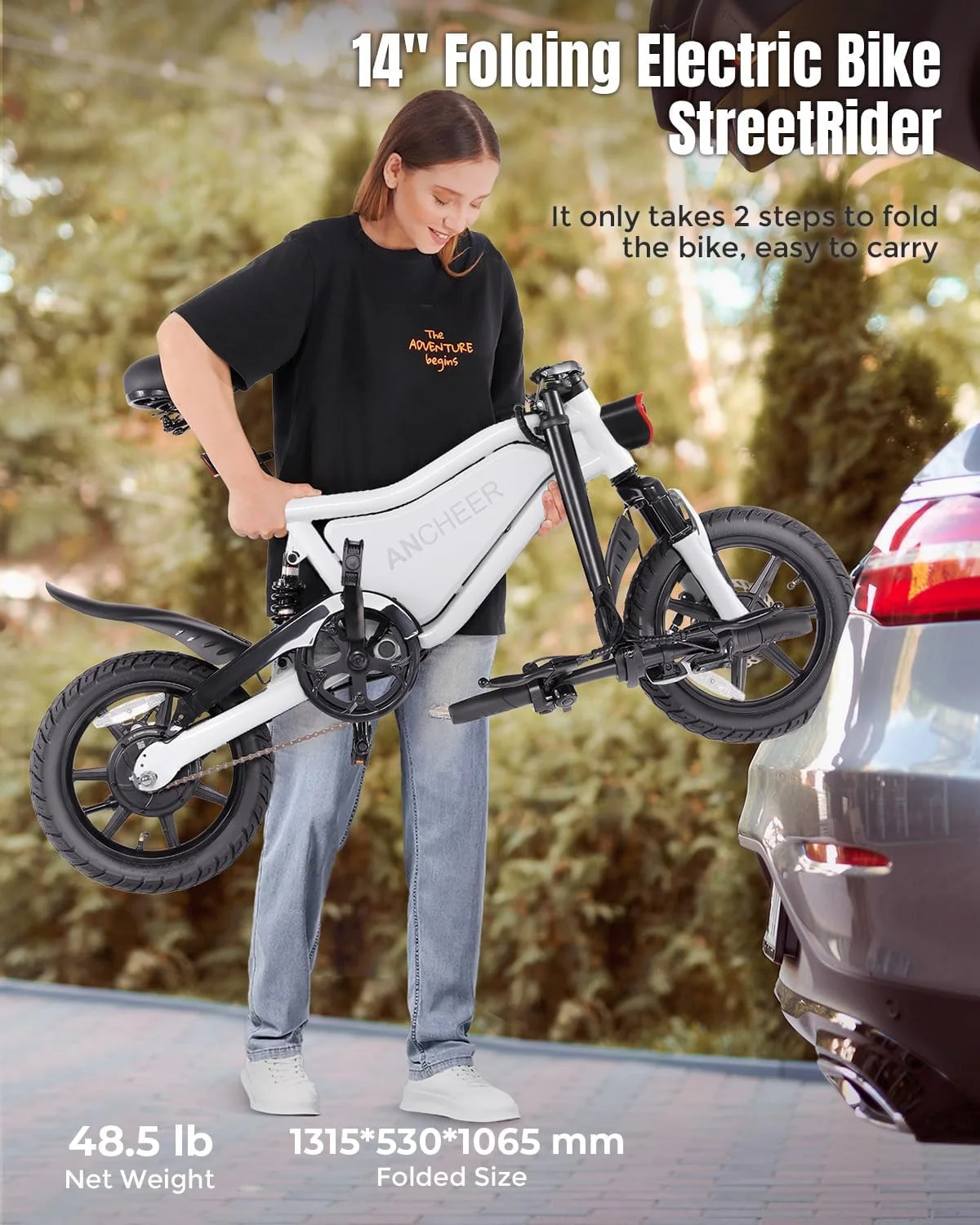 ANCHEER 14in Folding Electric Bike, 500W Peak, 48V 374Wh