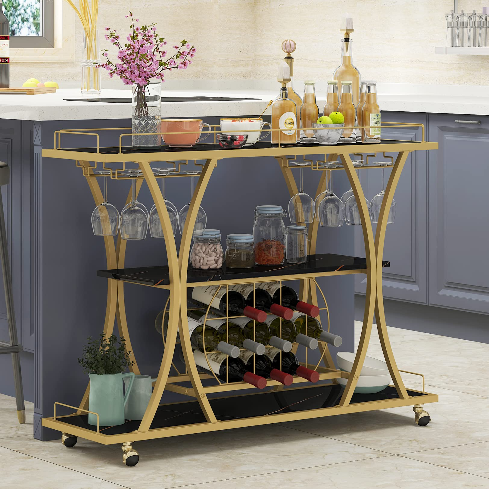 Bar Serving Cart with Glass Holder and Wine Rack