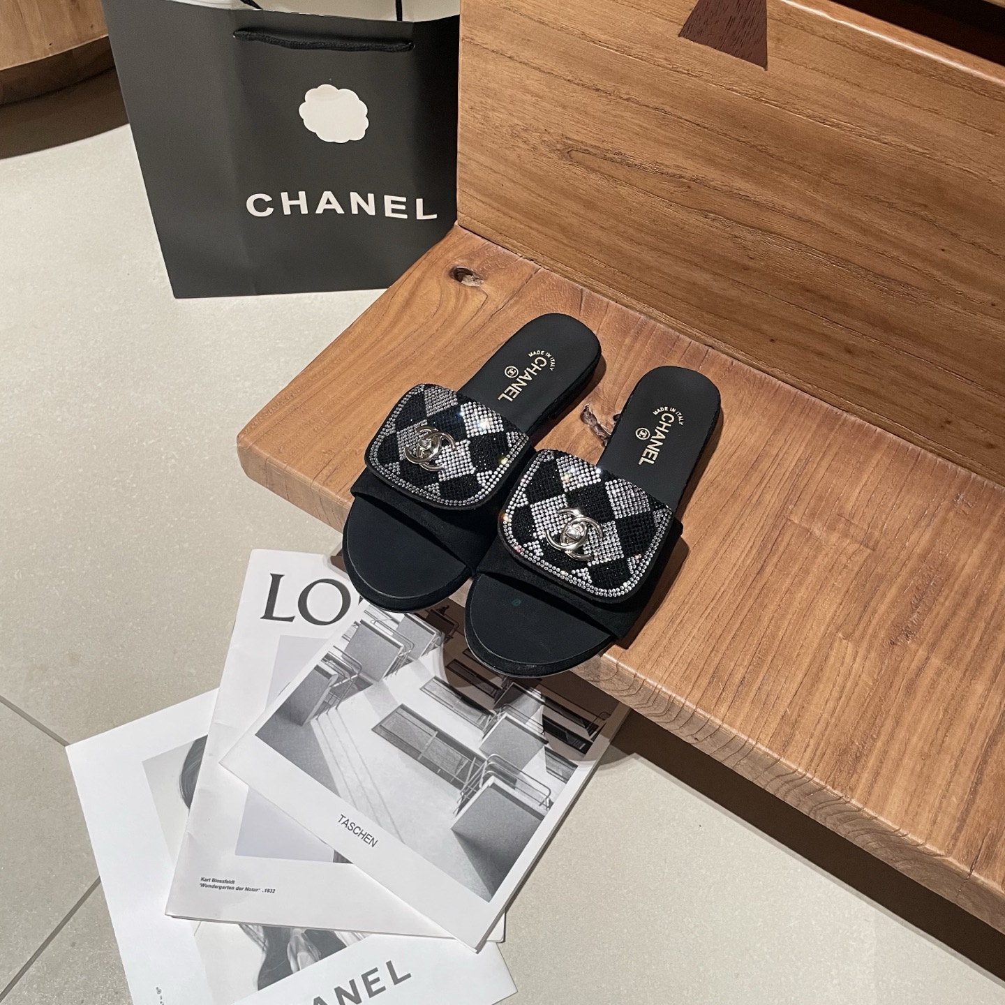Chanel Buckle-Strap Slide Sandals - Tan & Black