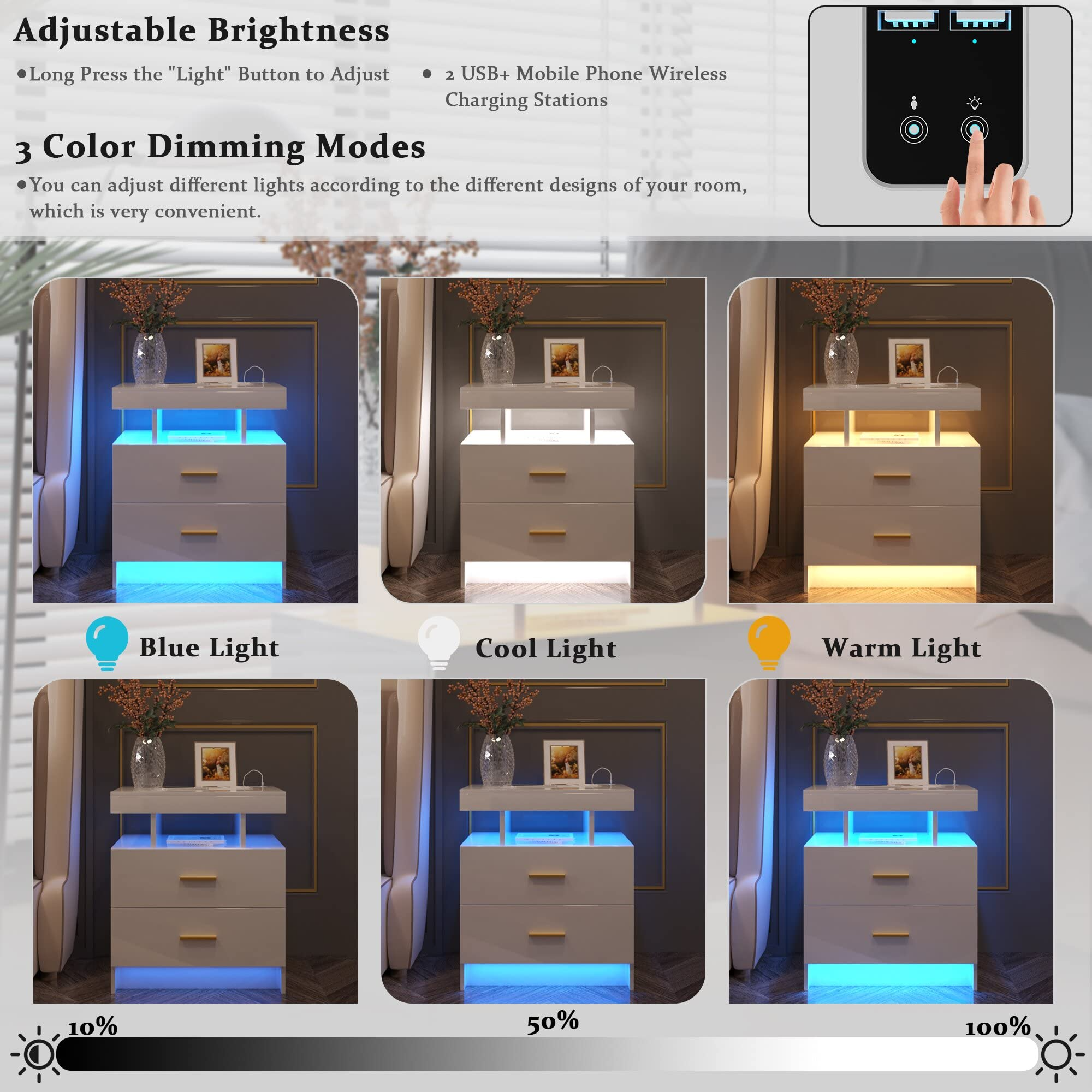 LED White Nightstand with 3 Colors Adjustable 2 USB Ports and