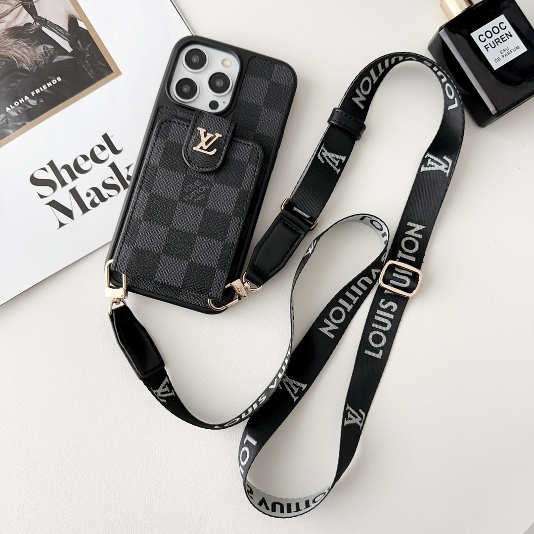 Designer Monogram Card Holder Phone Case with LV & GG Metal Buckle